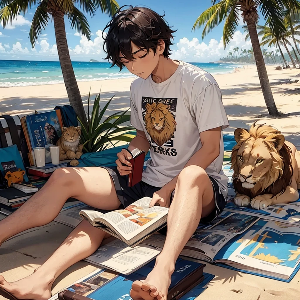 Lion in a T-shirt and shorts, sitting on the seashore, holding a book in his hands, is reading, palm trees nearby