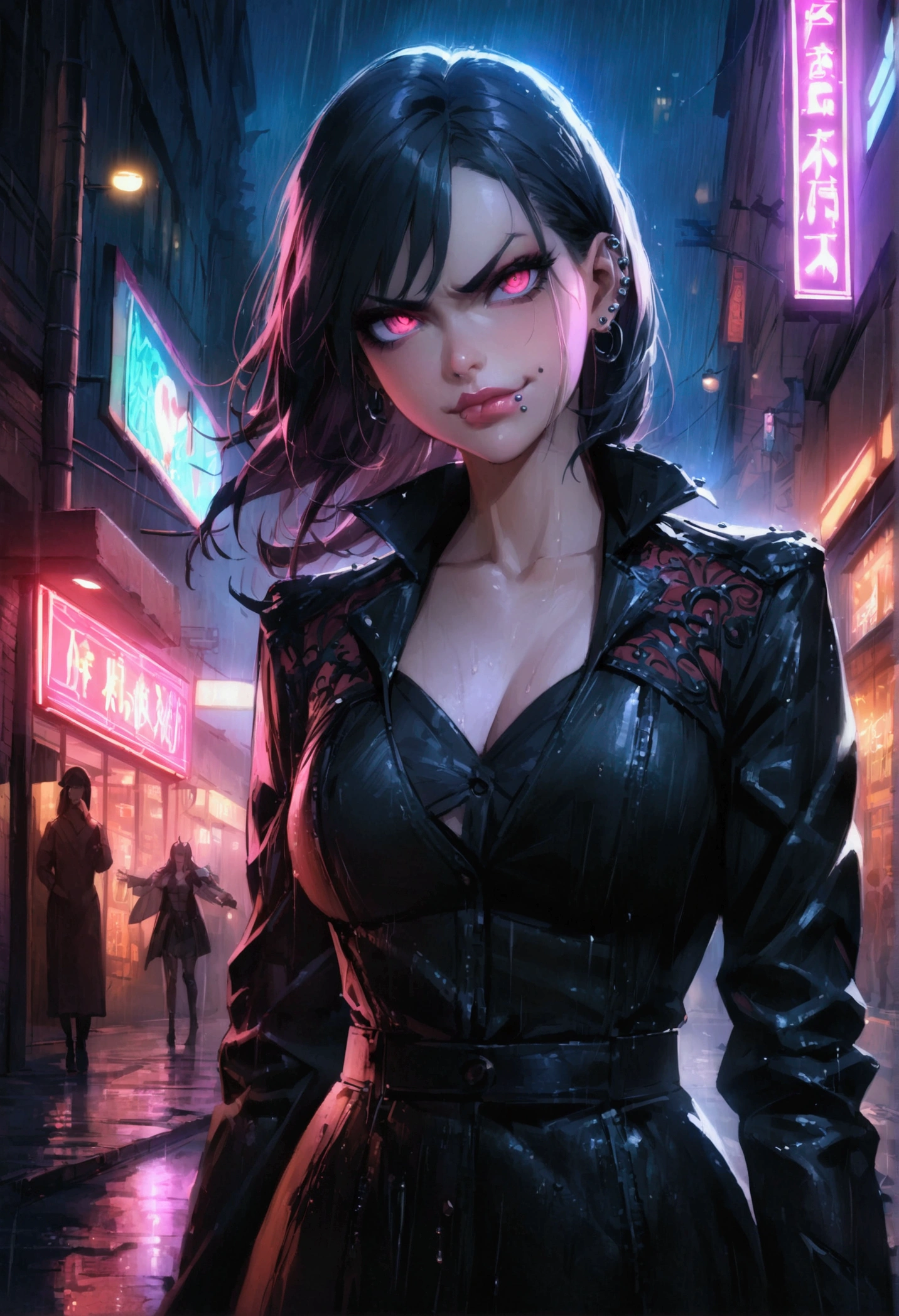 (anime women), devil may cry inspired women, (demon eyes) standing in a rain soaked, city street at night, cinematic lighting (best quality:1.2)detailed, neon lights, vivid colors,bokeh, angry looking face with smirk on mouth, piercing, ((piercing)), gaze, 4k, particles in the air, powers, amazing art work full of details, dynamic movement, (lips)

