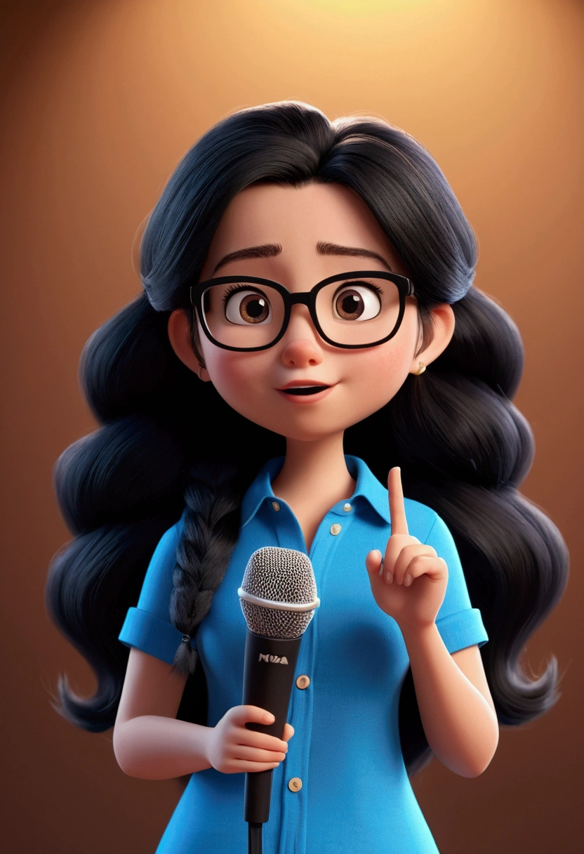 Cartoon character of a woman in black glasses and blue shirt, Speaking into the microphone, long black hair loose, she is a little chubby, animation character, stylized character, animation style rendering, 3d stylized, Arnold Maya rendering, Stylized 3D rendering, toon render screenshot, 3d character, 3d character, Stylized 3D rendering, 3D character rendering, cartoon character, Personagem de close up, character posing, (Pixar-style) (master part:1.2) (bokeh) (best qualityer) (skin detailed) (detailed texture) (8k) (Argilla) (cinematic lighting) (sharp focus