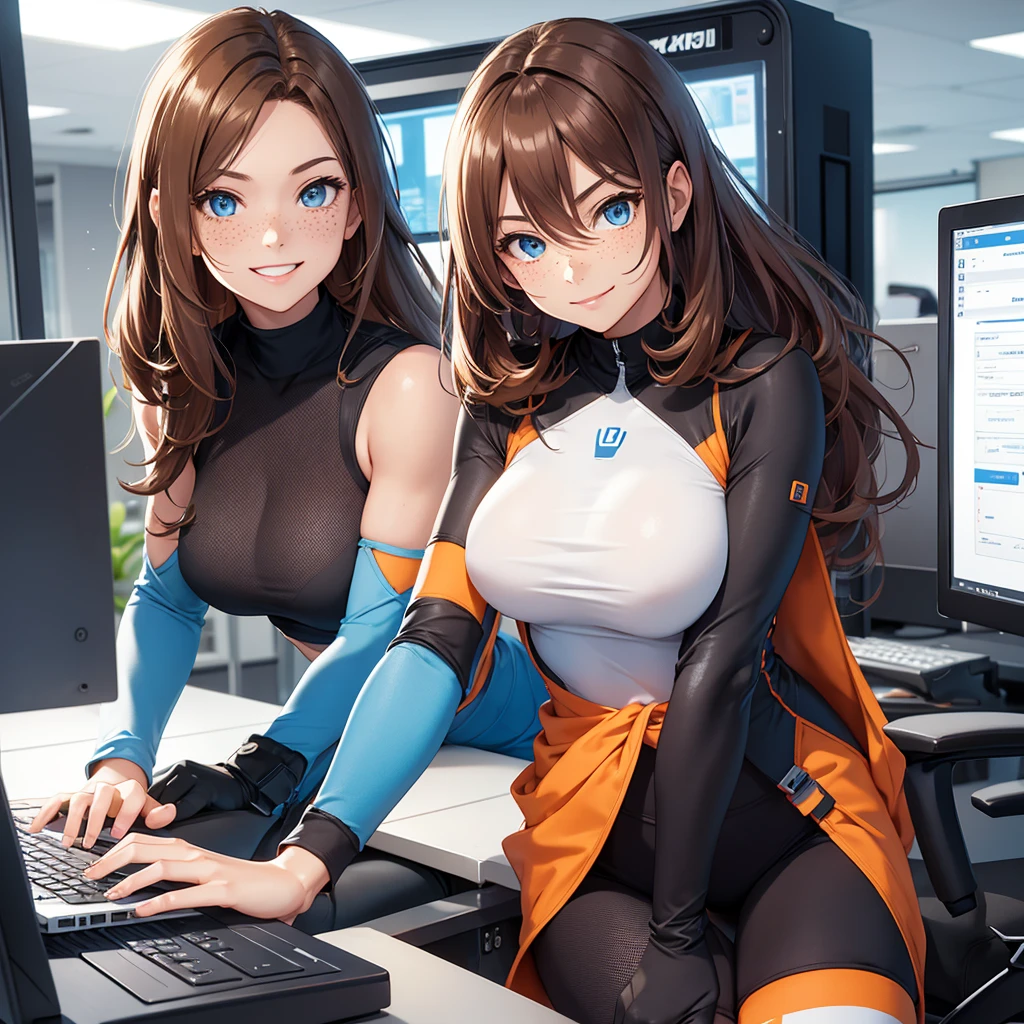 Setting: Working at a DeskPose: Sitting at a desk, typing on a laptopPrompt: Youthful and energetic woman, around 30 years old, slim but muscular, long wavy chestnut brown hair, large bright blue eyes, friendly smile, freckles on the face, tight-fitting futuristic clothing, sporty and stylish outfit, sitting at a desk, typing on a laptop, in a modern office, warm and loving, confident and supportive, enthusiastic and motivating, playful and flirty.