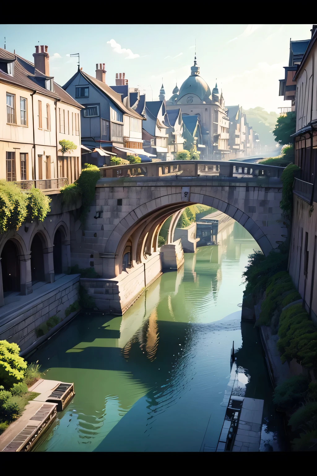 Anime scene of a woman walking across a bridge over a river, beautiful anime scenes, Anime beautiful peaceful scene, screenshot from the anime film, Screenshot of the 2012 animation, beautiful anime scenery, Greengar, Anime landscape concept art, ancient city streets behind her, Bustling magic town, anime scene, Anime countryside landscape, Anime background art, Anime landscapes