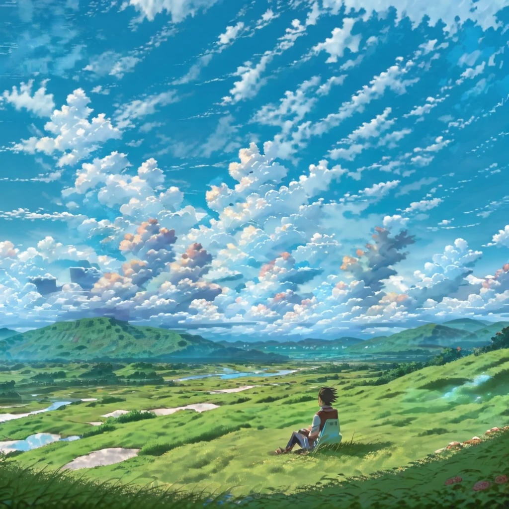 anime, anime landscape, beautiful hair, sitting in grass, guy looking at clouds, in a grassland, creative, realist, white clouds, blue sky, landscape amazing, guy looking away from camera, wide photo