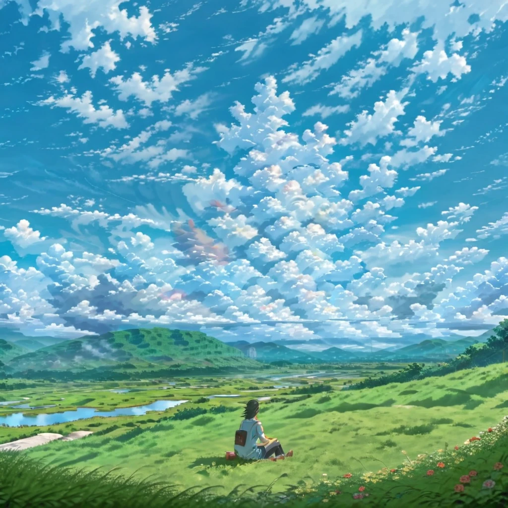 anime, anime landscape, beautiful hair, sitting in grass, guy looking at clouds, in a grassland, creative, realist, white clouds, blue sky, landscape amazing, guy looking away from camera, wide photo
