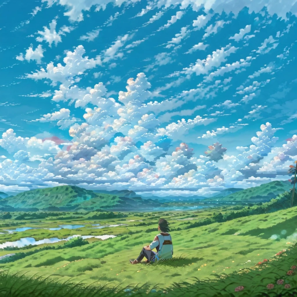 anime, anime landscape, beautiful hair, sitting in grass, guy looking at clouds, in a grassland, creative, realist, white clouds, blue sky, landscape amazing, guy looking away from camera, wide photo
