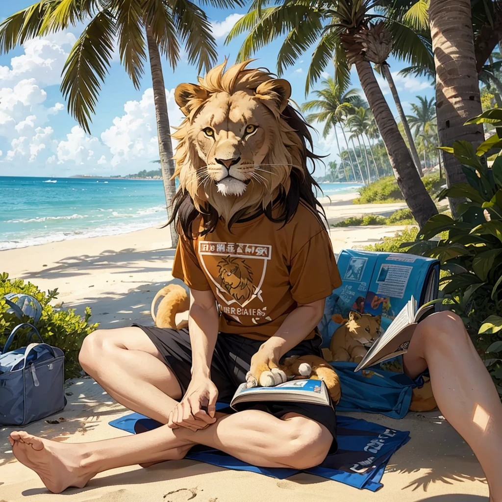 Lion in a T-shirt and shorts, sitting on the seashore, holding a book in his paws, is reading, palm trees nearby