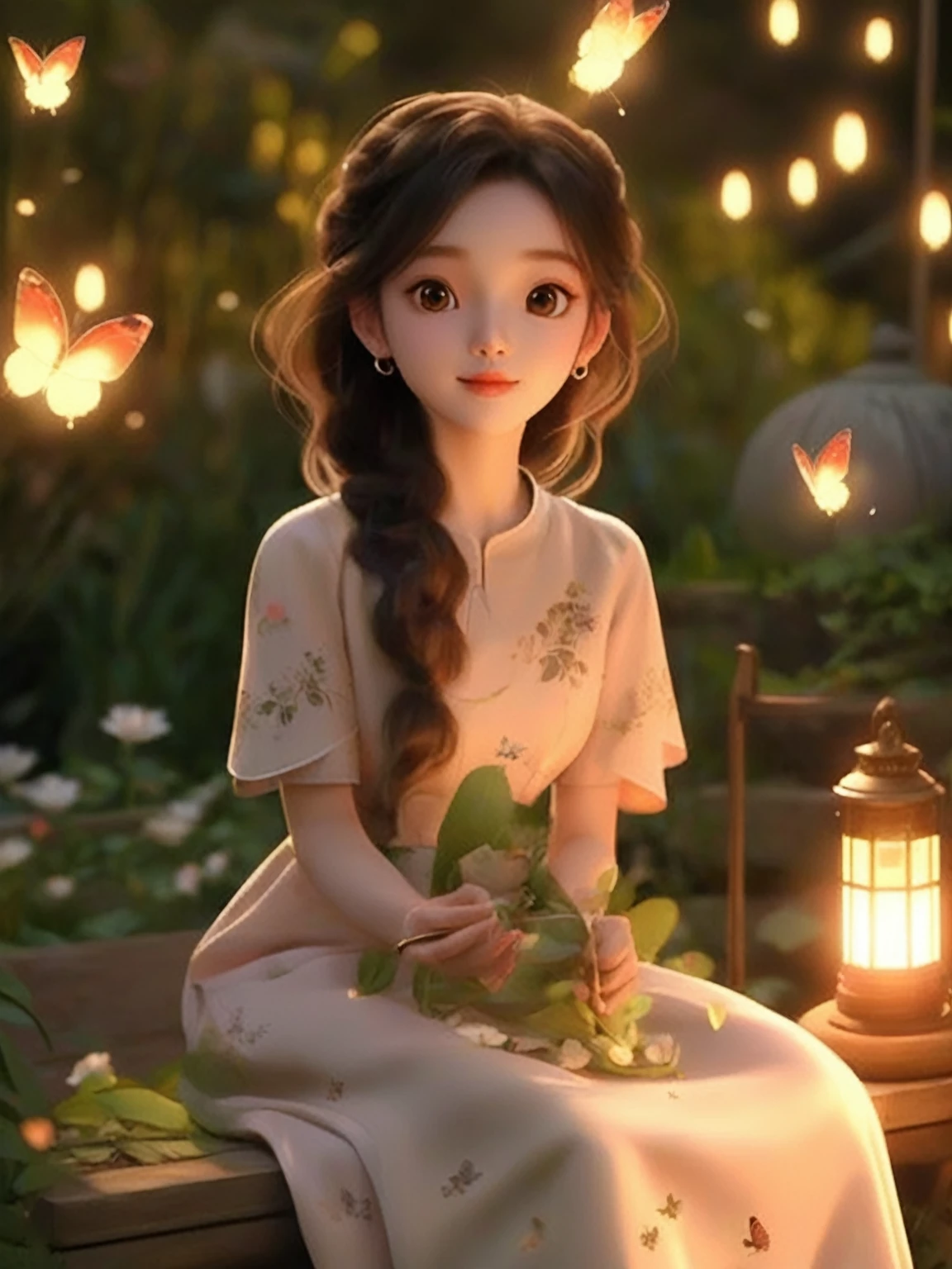 A woman sitting on a bench，Lantern in hand，Butterflies fly around, Lovely and detailed digital art, Popular on cgstation, Beautiful soft lightinging, Beautiful digital artwork, Beautiful digital illustrations, Cute numbers艺术, Soft night lighting, Beautiful soft lighting, Dōjin works, Cute numbers, palace ， Girl wearing Hanfu, Artie Guerin 8K, gorgeous soft lighting