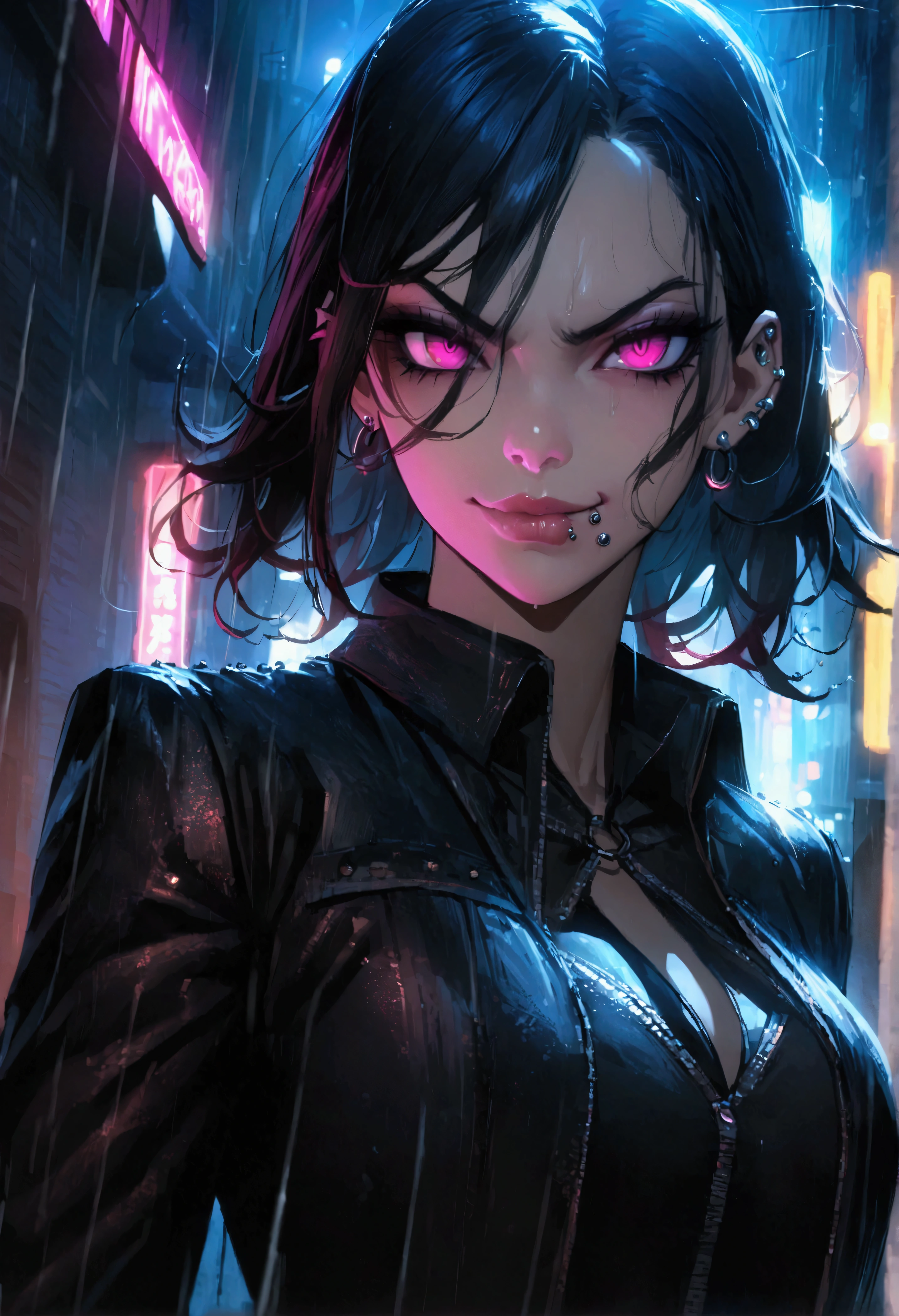 (anime women), devil may cry inspired women, (demon eyes) standing in a rain soaked, city street at night, cinematic lighting (best quality:1.2)detailed, neon lights, vivid colors,bokeh, angry looking face with smirk on mouth, piercing, ((piercing)), gaze, 4k, particles in the air, powers, amazing art work full of details, dynamic movement, (lips)