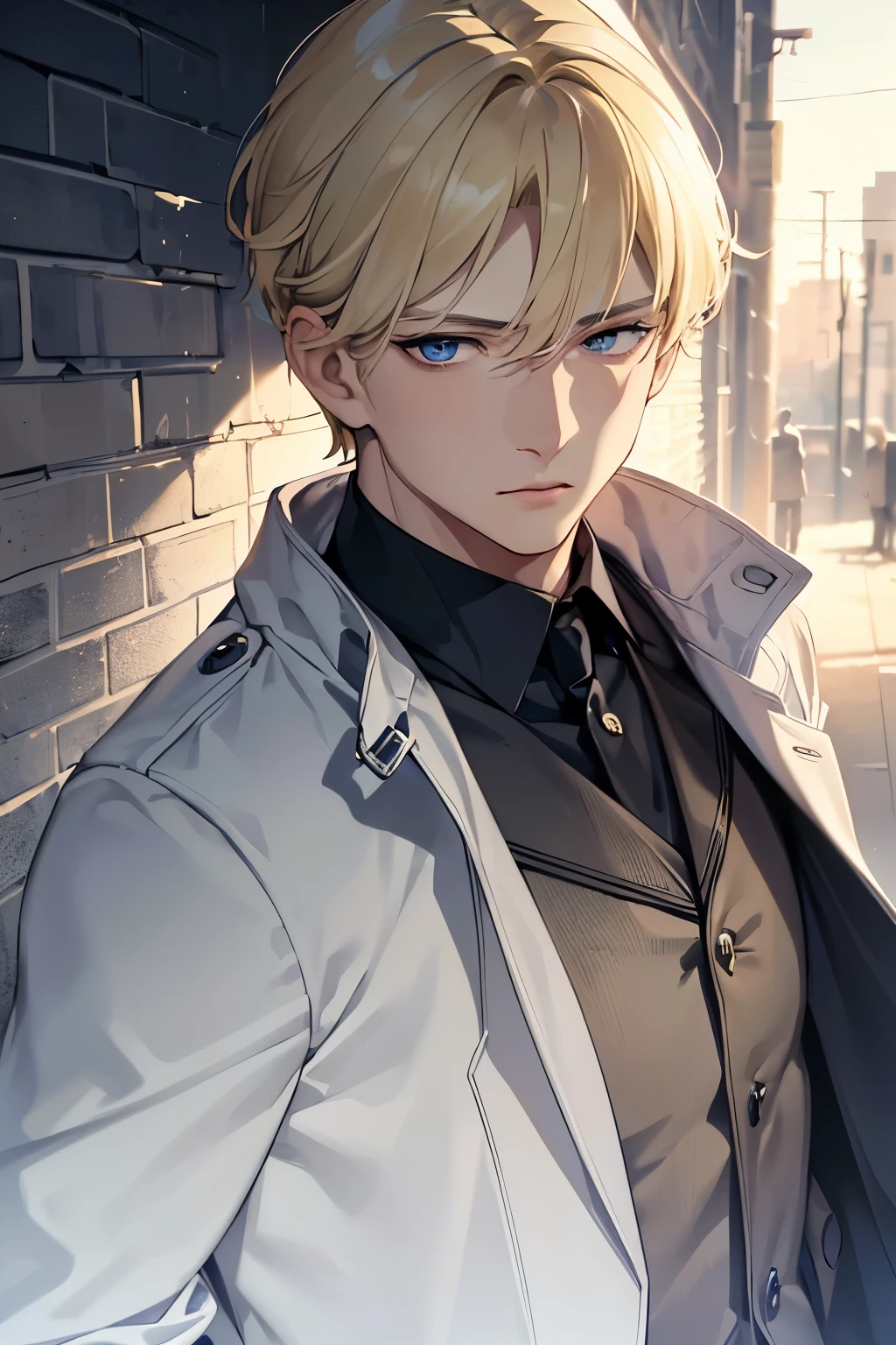 masterpiece, best quality, 1man, blonde hair, blue eyes, police uniform, miltary uniform, short hair, anime, dark alley, sad, detailed eyes, detailed facial features, realistic and high resolution (best quality, 4k, 8k, highres, masterpiece:1.2)