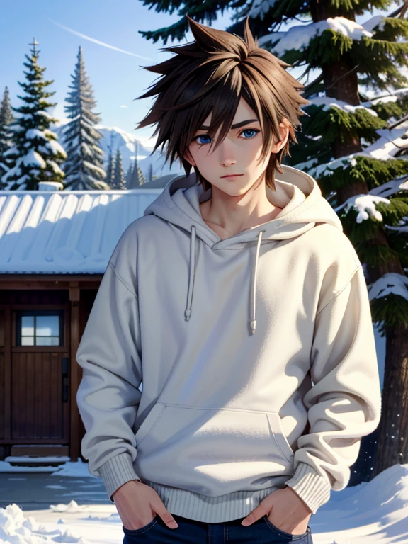 ((ultra detailed, masterpiece, absurdres))
 KHSora, 1boy, solo, muscular, brown hair, blue eyes, spiked hair, Ski lodge, winter setting, standing with snow-covered trees, cozy sweater, warm charm