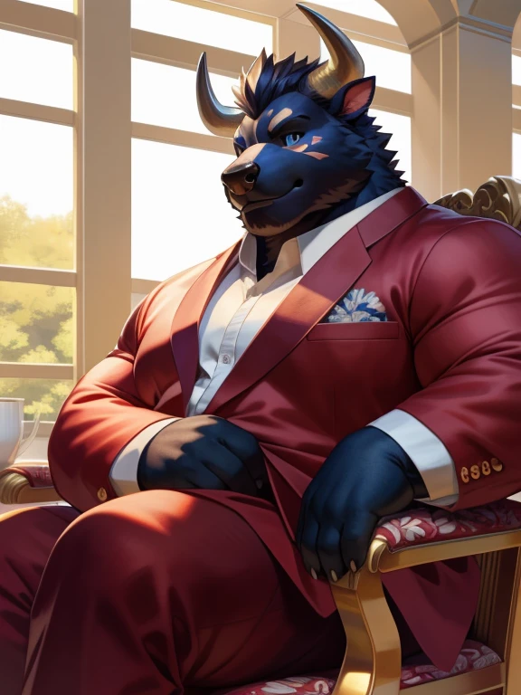 solo, anthro, furry, furry male, bull,((short fur,furry, shaggy fur, dark fur)), (floral rose garden tattooed hands), black pupils, white sclera, black body, black fur, white line from forehead to nose, blue eyes, bull tail, horns, detailed fur, detailed face, detailed eyes, (red dress suit, red dress pants, white shirt), conference room, (by null-ghost,by raccoon21, masterpiece, high quality, hi-res, 8k, hd), close-view portrait, day, stoic expression, arrogant, sitting, ornate chair, crossed legs, Fat male bull, fat, fat belly, fat thighs, fat arms, lovehandles, bull horns, black hooves, spiky hair, mid 40s,