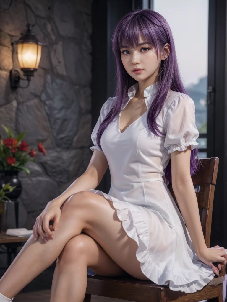 Ayane, cabelo roxo, (best qualityer, ultra detali), (realisitic:1.37), beautiful and detailed face, ultra-realisitic texture, 精致的面容, Delicate body, red lipgloss stick, long-lasting colors. High definition, 8k.