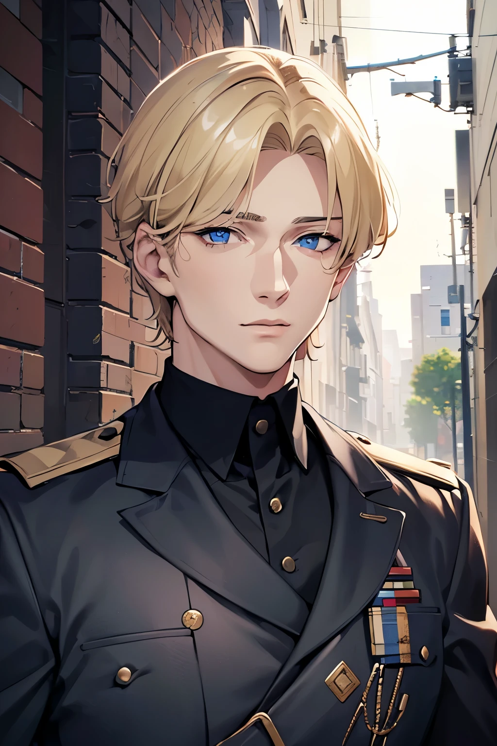 masterpiece, best quality, 1man, blonde hair, blue eyes, police uniform, miltary uniform, short hair, anime, dark alley, sad, detailed eyes, detailed facial features, realistic and high resolution (best quality, 4k, 8k, highres, masterpiece:1.2)