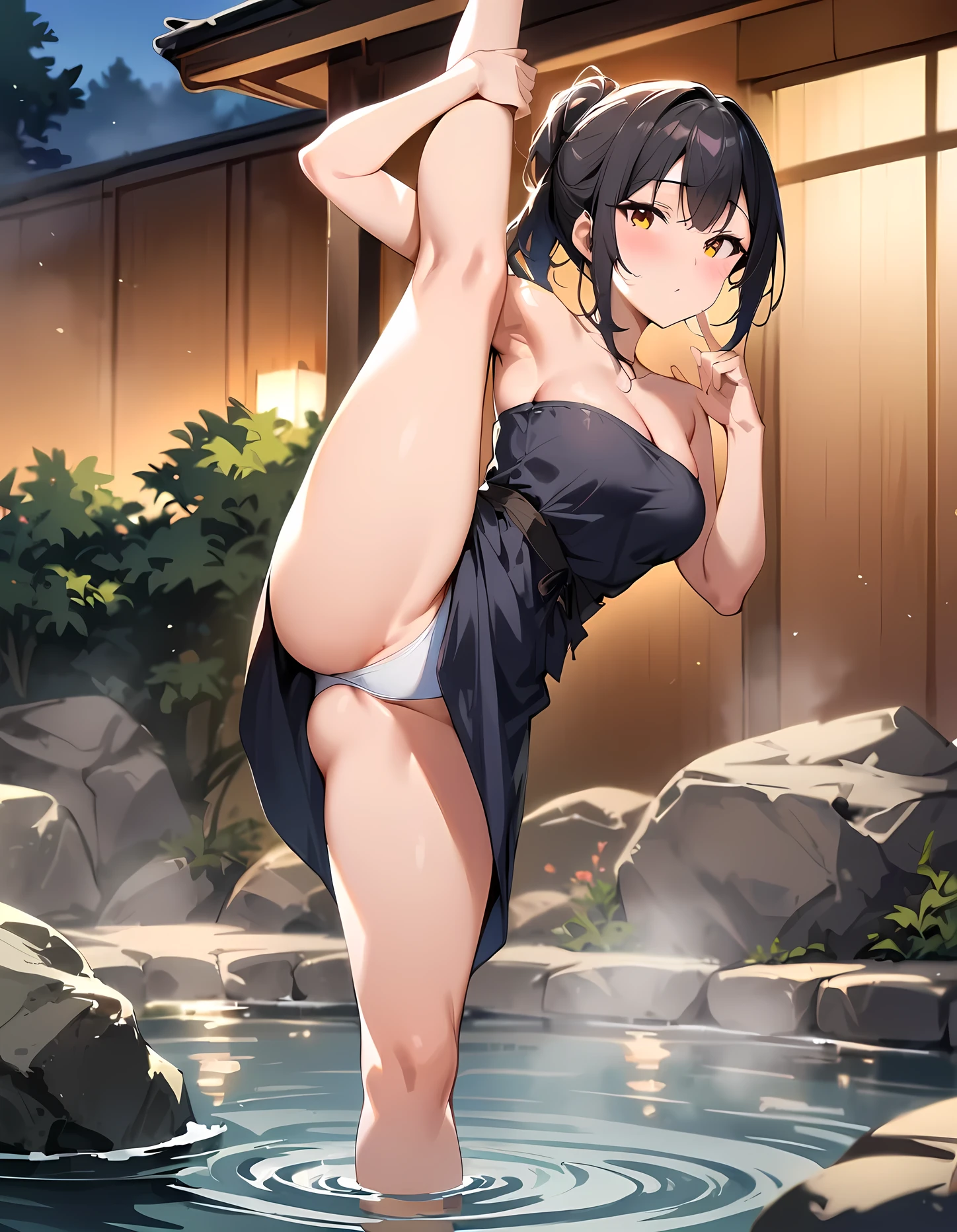 2girls, standing_split,standing solit, full body, standing_on_one_leg, masterpiece, best quality, very aesthetic, absurdres, ,in hot spring,Onsen,blur background,background defocus,