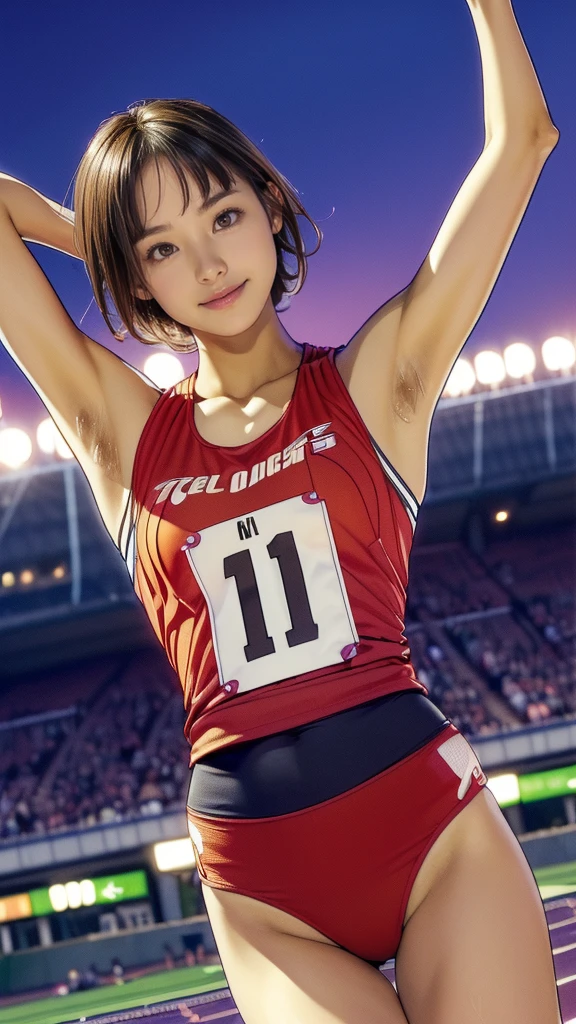 (great joy:1.5, Jump in Guts Pose:1.5, smile), (:1.5, Very slim:1.5, Very thin arms:1.5, Very Short Hair, Armpit Hair:1.5), (Tabletop:1.3), (Shortcuts:1.3), ((Cute type, Big eyes, Droopy eyes)), 超High resolution, Ultra-realistic, High resolution, (夜のAthletics場, Track and Field:1.5), Athletics