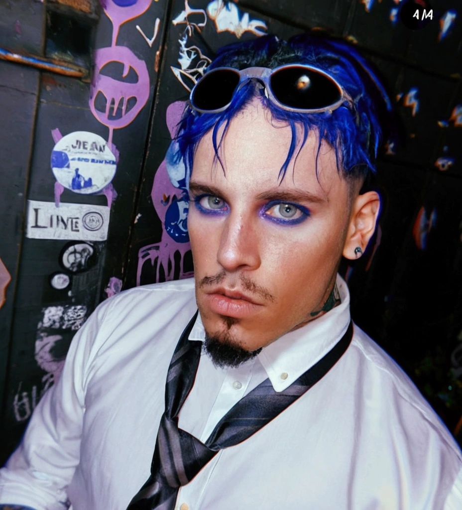 man with blue hair and sunglasses wearing a tie, his frank blue eyes, inspired by James Bolívar Manson, taken at the beginning of 2020, style of seb mckinnon, cyberpunk dyed haircut, blue piercing eyes, with blue hair, with blue skin, with haunted eyes and crazy hair, profile image, posing like a jojo character, Jean Deville