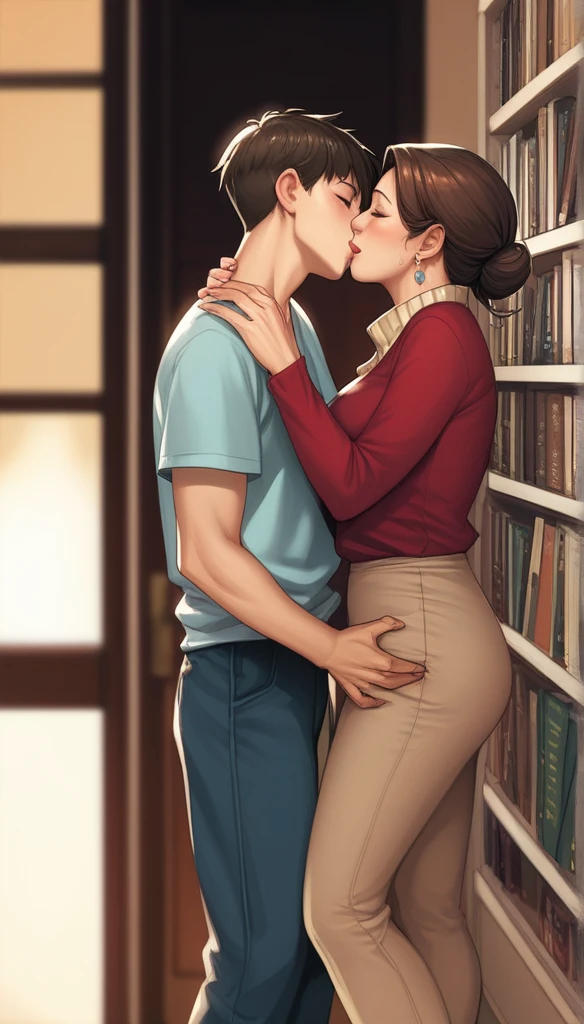 score_9, score_8_up, score_7_up, source_anime, 1boy, 1girl, mature female is smiling, mother and son, kid, kiss, son's back against the wall, (son is clinging on mother), in a dark library, garbing his lower area between his legs
