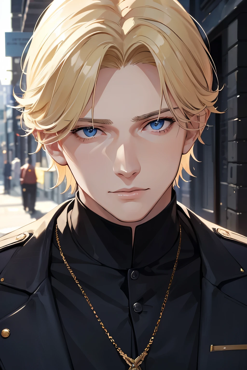 masterpiece, best quality, 1man, blonde hair, blue eyes, police uniform, miltary uniform, short hair, old, dark alley, scars, sad, detailed eyes, detailed facial features, realistic and high resolution (best quality, 4k, 8k, highres, masterpiece:1.2)