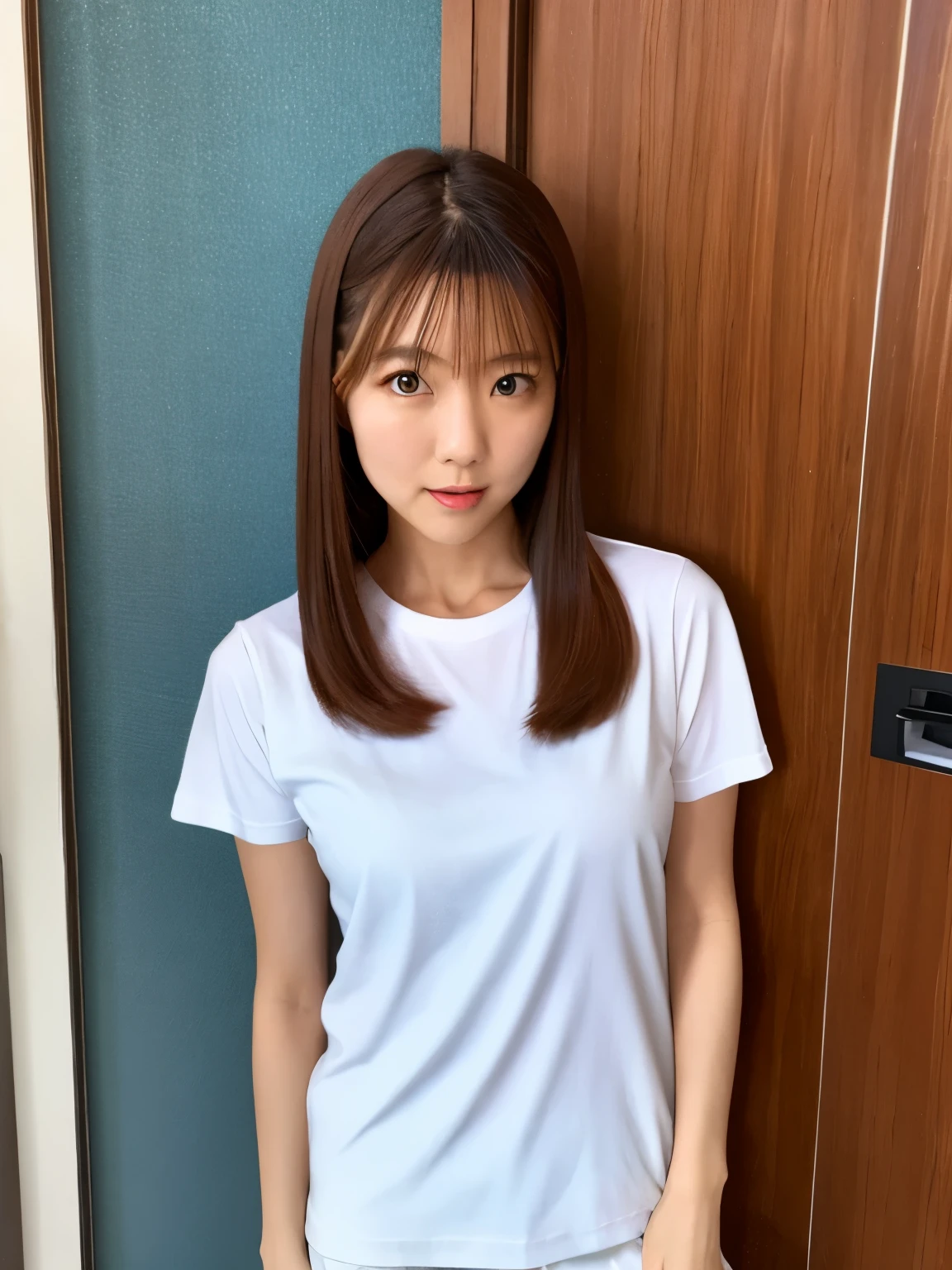 A thin Japanese woman in her 20s, Detailed face, Round face, Cute Face, Narrow eyes, Neat, Ladies Room, White Room, White T-shirt, Short pants, full body,