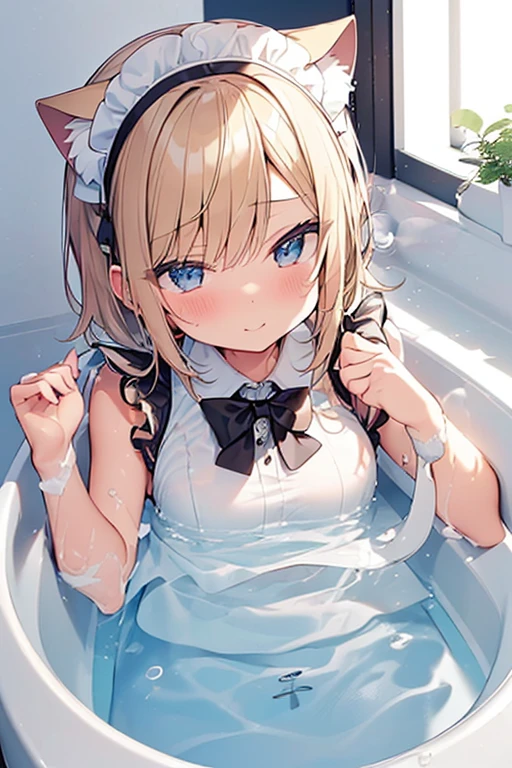 (Ultra high quality:1.6), (Highest quality:1.6), (Attention to detail:1.6), (Ultra-high resolution:1.6), (Detailed face:1.6), (Perfect Face:1,6), (Beautiful Eyes:1,6), (Detailed eyes:1.6), (Maid clothes, White apron, Headband, Black Dress, Blue ribbon, Maid clothes, Classic, Small breasts, Long:1.4), (白と黒のMaid clothes:1.6), (Blonde, Blue Eyes, Cat ear:1.5), cute, The best smile, Soaking wet, (Water droplets all over the body:1.4), (全身が白いBubbleまみれ:1.6), (Swimming in clothes, bathing, Longの浴槽:1.6), (relax, Relax in the bathtub:1.6), (Bubbleで溢れる浴槽:1.6), (Maid clothesのまま浴槽へ:1.5), 全身にBubble, (衣服にも白いBubble:1,5), (Soak in deep water:1.6), (Bubbleの深いお湯:1.6), (Wash your body with your clothes on:1,4), Bubbleを纏う, (shampoo, Body Soap:1.3), Bubble, 肩までBubble, Bubbleまみれのメイド, 