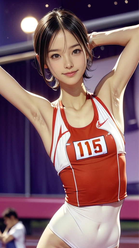 (great joy:1.5, Guts pose:1.5, smile), (:1.5, Very slim:1.5, Very thin arms:1.5, Very Short Hair, Armpit Hair:1.5), (Tabletop:1.3), (8k, Realistic, RAW Photos, Highest quality: 1.4), (Shortcuts:1.3), ((Cute type, Big eyes, Droopy eyes)), (Real Skin), Beautiful Skin, 超High resolution, Ultra-realistic, High resolution, (夜のAthletics場, Track and Field:1.5), Athletics