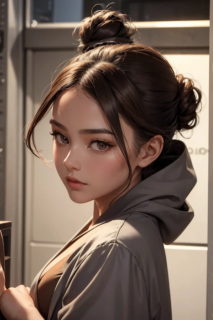 A girl with a robe, confident, determined and fierce features. Charcoal brown hair tied up in a bun. Brown eyes. Wheaty skin.