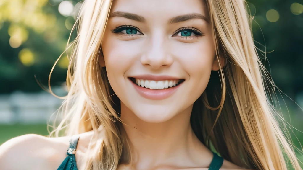 (Better image quality) a beautiful woman blonde long hair green eyes laughing ;very attractive image.