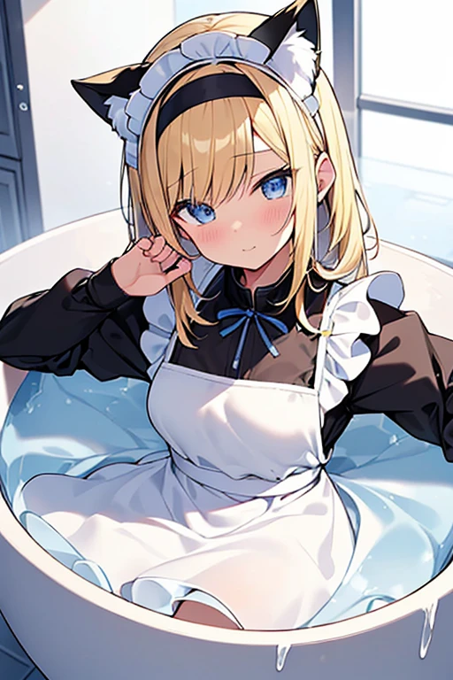 (Ultra high quality:1.6), (Highest quality:1.6), (Attention to detail:1.6), (Ultra-high resolution:1.6), (Detailed face:1.6), (Perfect Face:1,6), (Beautiful Eyes:1,6), (Detailed eyes:1.6), (Maid clothes, White apron, Headband, Black Dress, Blue ribbon, Maid clothes, Classic, Small breasts, Long:1.4), (白と黒のMaid clothes:1.6), (Blonde, Blue Eyes, Cat ear:1.5), cute, The best smile, Soaking wet, (全身が白いBubbleまみれ:1.6), (Swimming in clothes, bathing, Longの浴槽:1.6), (relax, Relax in the bathtub:1.6), (Bubbleで溢れる浴槽:1.6), (Maid clothesのまま浴槽へ:1.5), 全身にBubble, (衣服にも白いBubble:1,6), (Soak in deep water:1.6), (Bubbleの深いお湯:1.6), (Wash your body with your clothes on:1,4), Bubbleを纏う, (shampoo, Body Soap:1.3), Bubble, 肩までBubbleまみれ, Bubbleまみれのメイド, 頭にもBubble