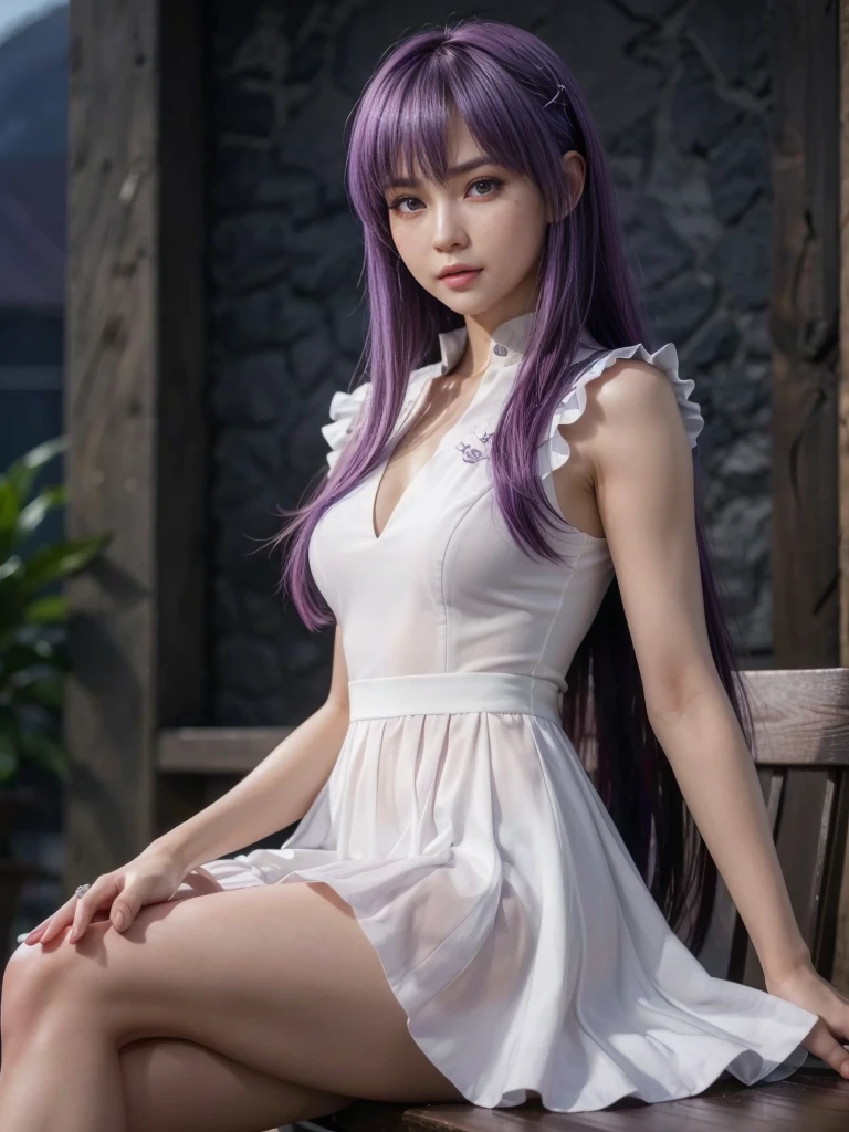 Ayane, cabelo roxo, (best qualityer, ultra detali), (realisitic:1.37), beautiful and detailed face, ultra-realisitic texture, 精致的面容, Delicate body, red lipgloss stick, long-lasting colors. High definition, 8k.