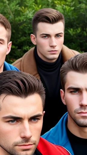 A large group of Russian male friends focus on faces