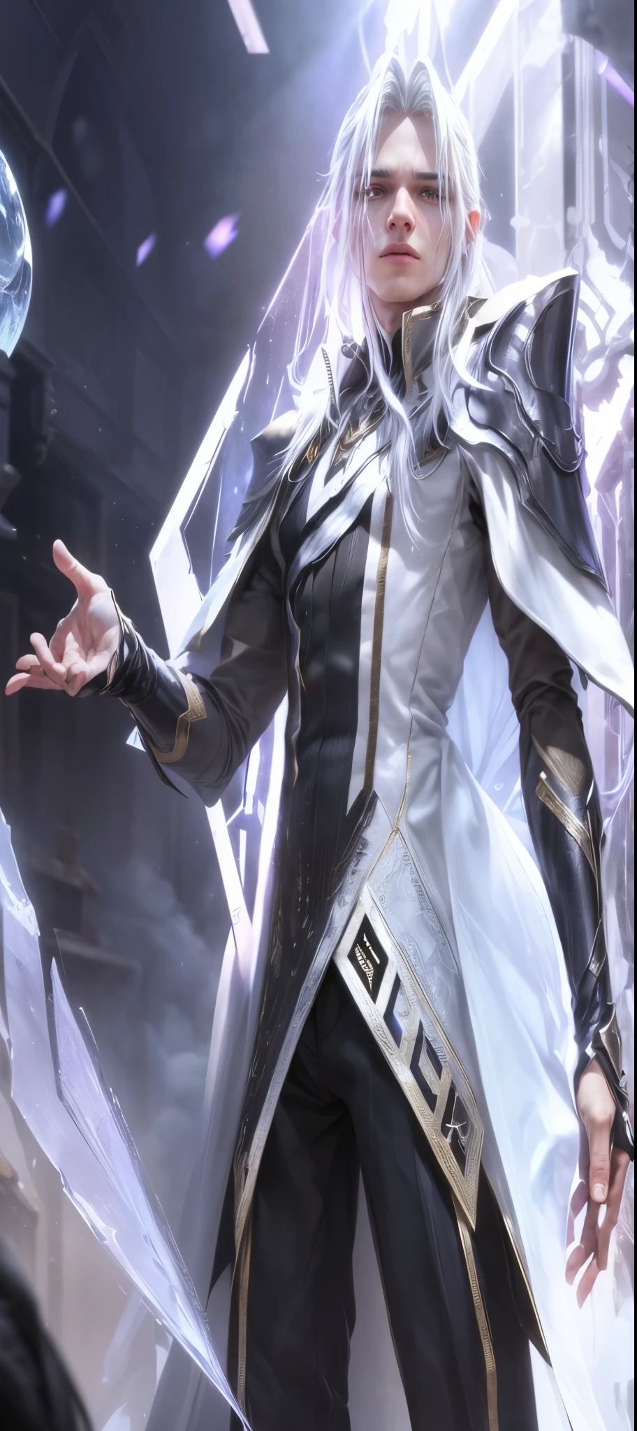 Male, male mage, white hair, yellow pupils, hyper detailed eyes, very handsome face, costume colors are dominated by black and white, Sharp facial lines, Cinematic lighting, professional shooting, candid shooting, the magical power aura is golden white, stunning, RAW, 8k, 12k, Ultra detailed, high level of image clarity, ultra high definition, (Photorealistic:1.35, masterpiece:1.25, aura:1.25, CGI effect:1.0, fantasy:1.0, 8k wallpaper, 8k photo quality, realistic:1.35, 12k),