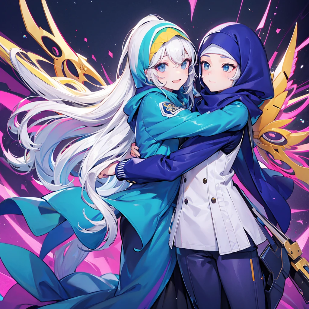 A couple hugs wearing a hijab and the man wears a jacket that says Mr Kriting