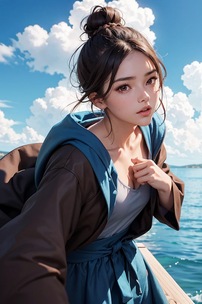 A girl with a robe, confident, determined and fierce features. Charcoal brown hair tied up in a bun. Brown eyes. Wheaty skin. Background of blue sky and cotton clouds. Close-up on the face. Looking at the camera
