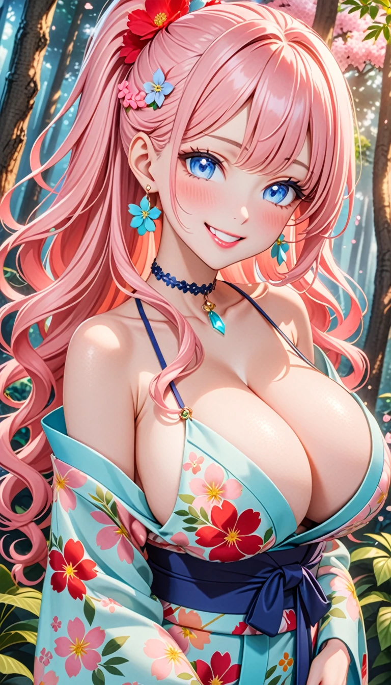 ultra-detailed, ((one girl)), (portrait), (pale skin:1.4), in pastel colors gyaru, (heavy makeup), (professional lighting) hyper detailed, absurdres, 8k, Beautiful Face, (Laugh shyly), ((teasing smile:1.8)), ((happy smile:1.2)),  ((Wink:1.6)), (Laugh with your mouth wide open),((Tilt your face:1.6)), View your viewers, ((Bright red cheeks:1.6)),Glossy Red Lips, ((huge breasts:1.6)), undressing, ((She is undressed up to her shoulders, highlighting her cleavage.))  noon,summer, Green tree々, In the mysterious forest,  ((Anime style background)),masterpiece, Highest quality, (Brighten your face), so beautiful,Latest, Complex details, (Pink long nails), (nail art), (ring),(bracelet), (Floral Choker),AI-generated, Complex,High resolution, Highest quality, super high quality,3D Images、3D Images,One person,Pastel pink long hair,(High Ponytail), (wavy hair:1.3), Pastel anime woman posing for a photo, ((Eyes with detailed pupils、blue eyes、glowing eyes:1.4)), (Squint your eyes:1.1),a hyperRealistic , hyperRealistic , Realistic,Anime woman with long pastel pink hair, Smooth anime CG art, A girl in a gorgeous pastel-colored kimono, ((Pastel colored long sleeve kimono)),(Pink large floral pattern), (sideboob),  Long flower hair ornament,Floral Earrings, Mature Body, tall,Narrow waist, ((dutch angle)), extreme close-up shot,