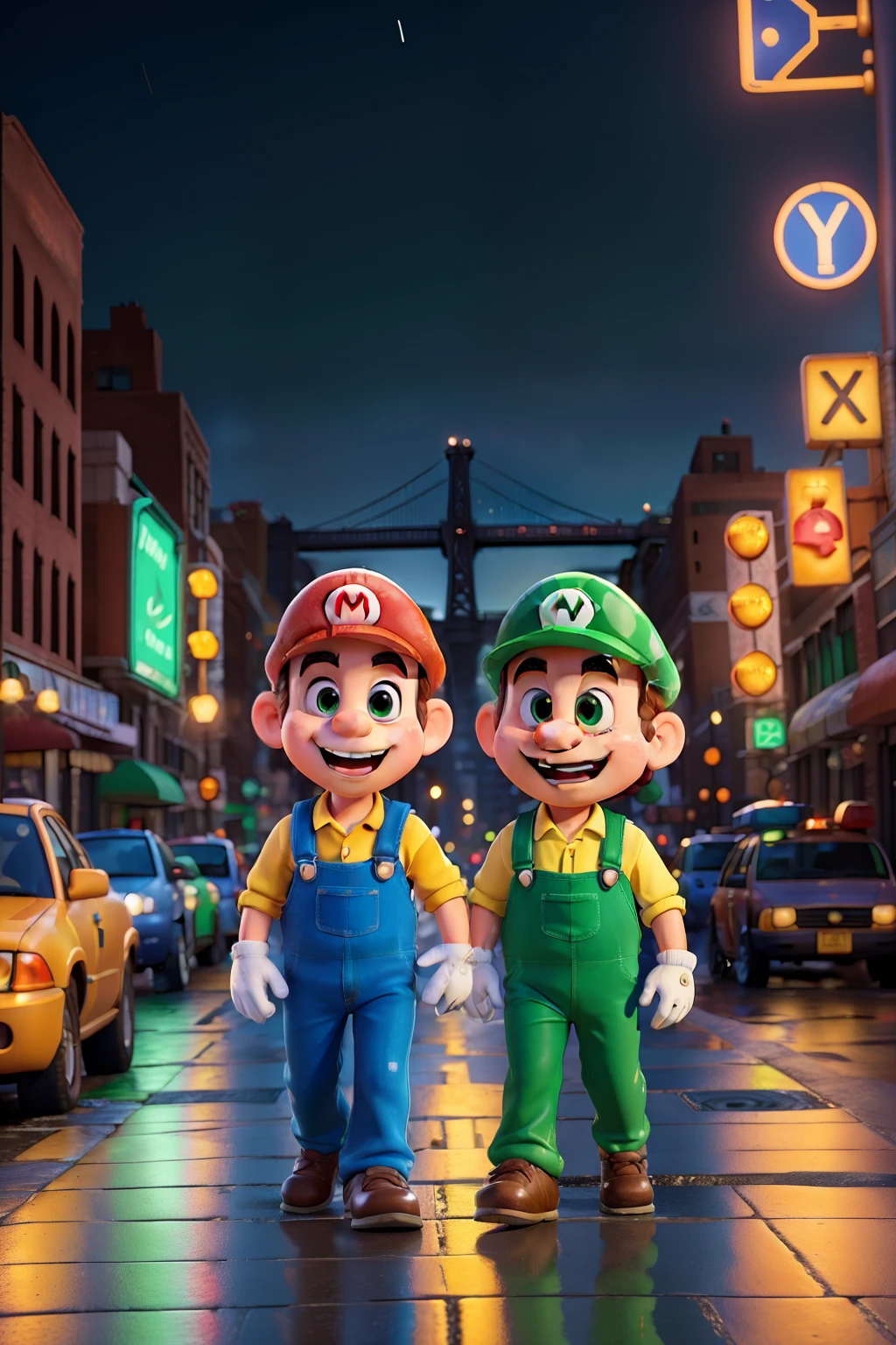 Draw Mario and Luigi, decked out in their iconic red and green overalls, strolling through the bustling streets of Brooklyn. The cityscape is a vibrant backdrop, with the Brooklyn Bridge towering in the distance and yellow taxis zipping by. The brothers share a jovial conversation, their laughter echoing amidst the hum of traffic. The neon lights from the storefronts cast a warm glow on their faces, adding a playful contrast to the urban night. The Brooklyn skyline serves as a stunning backdrop, with the glittering lights reflecting off the puddles on the cobblestone streets. The rain falls lightly, creating a rhythm that dances with the beat of their
