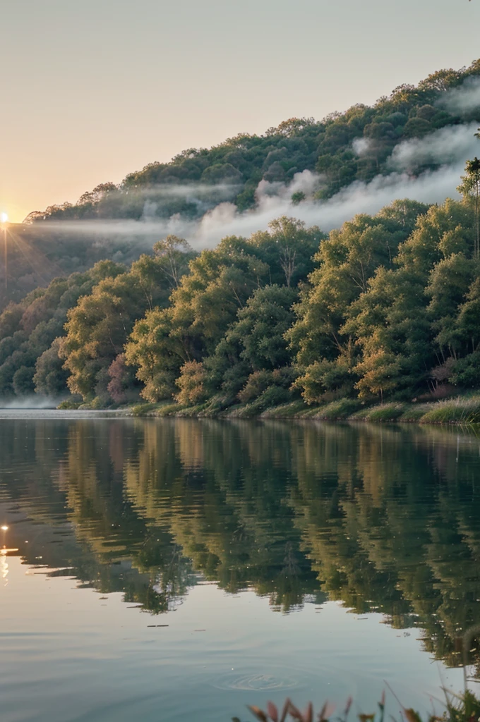 Imagine a serene morning scene where the first light of dawn gently kisses a still, crystal-clear lake. The sky is painted in soft hues of pink and orange as the sun rises on the horizon. Surrounding the lake, lush green forests are reflected in the water's surface, creating a mirror-like effect. A few birds glide gracefully above the lake, and a gentle mist rises from the water, adding an ethereal quality to the scene.