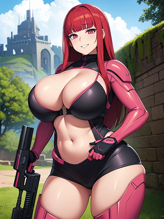sexy woman, huge breasts, large breasts, curvy, voluptuous, red hair (straight bangs), pink eyes, long hair, exosuit, holding a firearm, grinning, standing, solo focus, fortress, outdoors, fantasy theme scenary