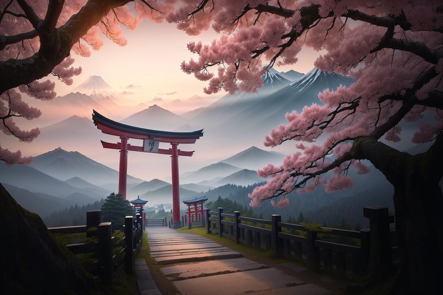 Arafad view with gate and path leading to the mountain, Mount Japan中的鸟居, Torii gate with trees on the mountain, Japanese Landscape, The Flowery Road to Heaven, Japanese Nature, Japanese travel aesthetics, lush Japanese Landscape, Inspired by Torii Kiymoto, Japanese temples, Mount Japan, Japanese Shrines, Centered Torii,((low angle shot 1.7))