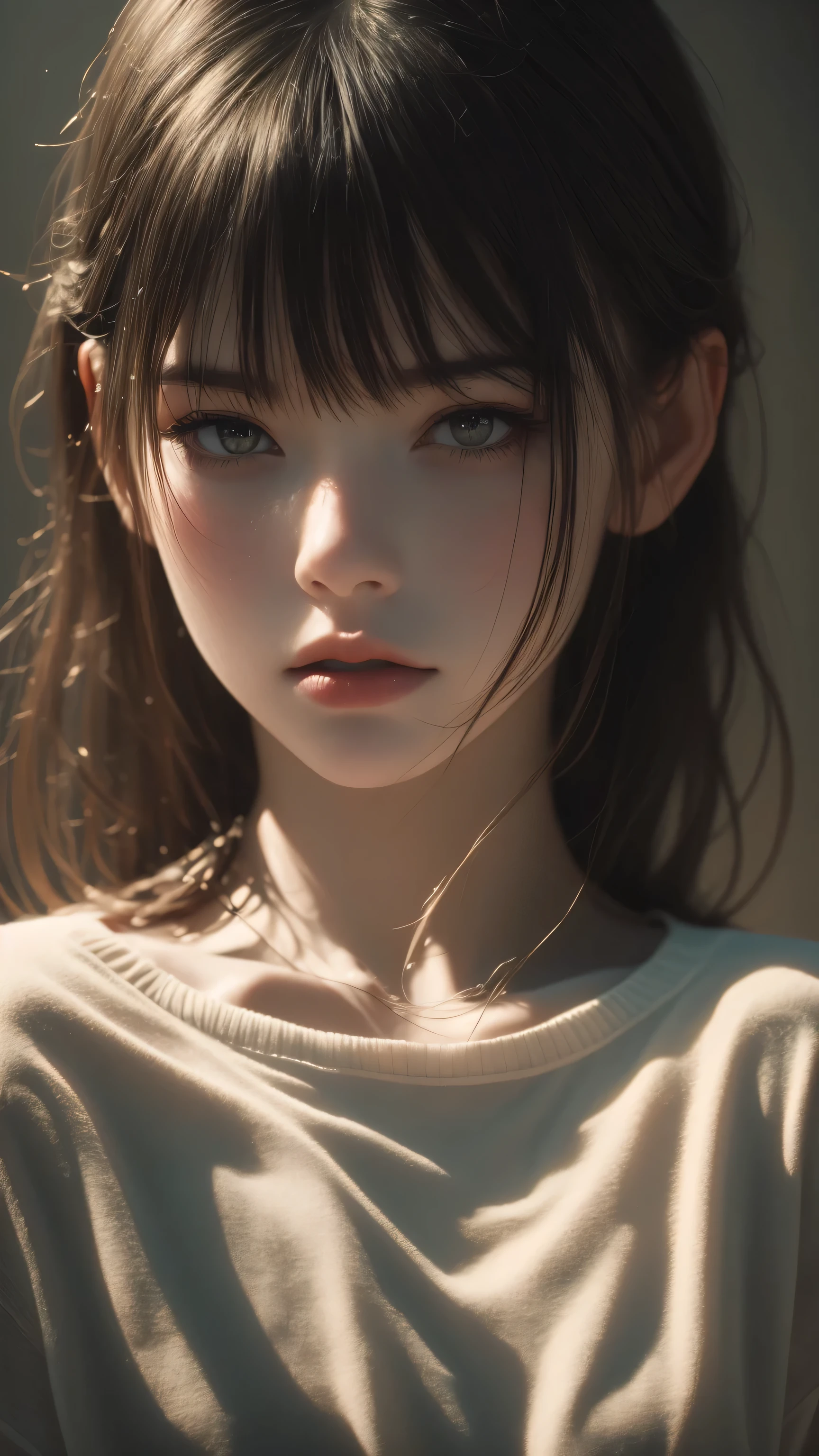 (highly detailed, ultra quality:1.3), (photorealistic:1.4), masterpiece, highres, portrait, 1girl, white sweater , (in the dark), [dramatic ambient lighting], sharp shadows, low key