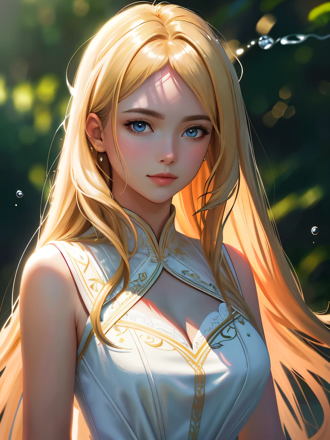 masterpiece, highest quality, ultra detail, illustration, beautiful detail, depth of field, dynamic angle, 8k wallpaper, portrait, best light and shadow quality, 4k, 8k, cg, fine detail, blurred background, upper body, contemporary, dress, blonde, long hair, beautiful eyes, beautiful splash