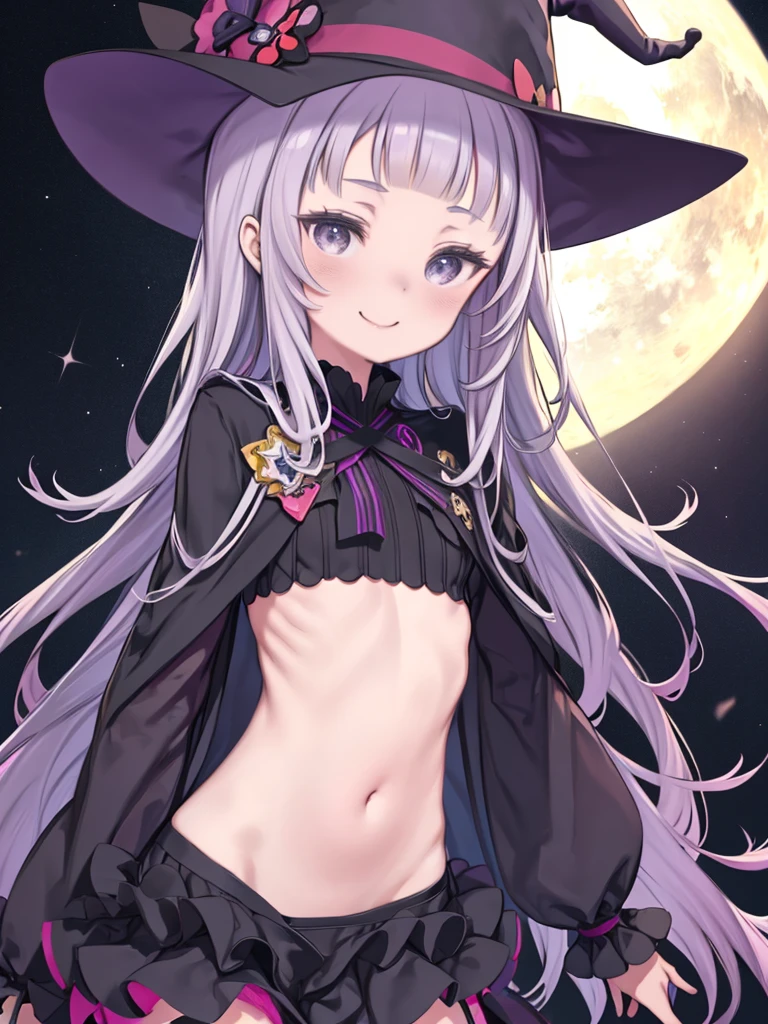 One Girl、Shion Murasaki、Hololive、Small breasts、、Light purple hair、witchの帽子、Trimmed bangs、Wavy long hair、Black Cape、Black Sailor Suit、belly button、Ruffled mini skirt、Red ribbon、witch、Striped clothing、smile、Upper Body、