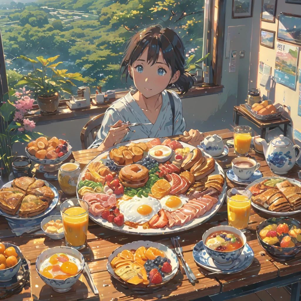 ((Anime: 1.4, Illustration)), (Masterpiece, Top Quality, Best Quality), (Ultra-Detailed, Absolutely Resolution), ((16k, HIGH RES)) (breakfast, morning, lighting), ( Anime: 1.4, Illustration)), (Masterpiece, Top Quality, Best Quality), (Ultra-Detailed, Absolutely Resolution). Ak {Lofi Art, Style of Laurie Greasley, Style of Makoto Shinkai, Anime Aesthetic}, BREAK {(Produces IMAGES WITH ITH INFORMATION THAN 40 Million Pixels with Cinematic-Like Detailed Textures S Hot on a Sony slur).}