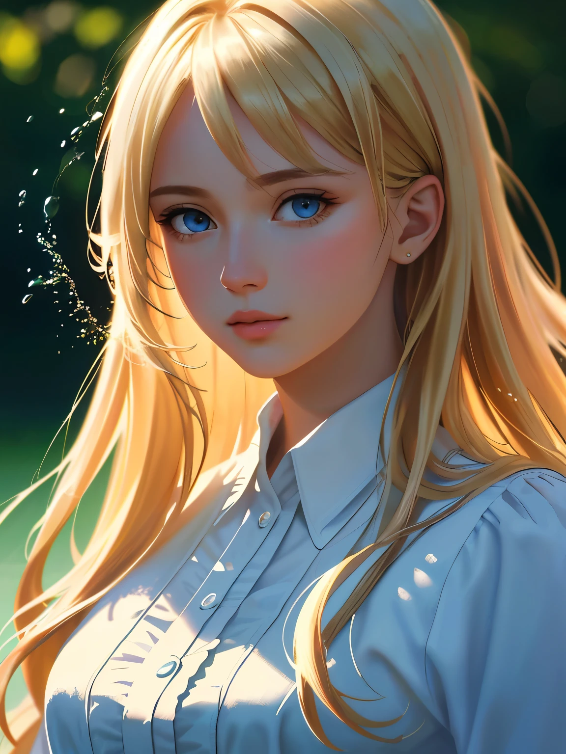 masterpiece, highest quality, ultra detail, illustration, beautiful detail, depth of field, dynamic angle, 8k wallpaper, portrait, best light and shadow quality, 4k, 8k, cg, fine detail, blurred background, upper body, contemporary, dress, blonde, long hair, beautiful eyes, beautiful splash