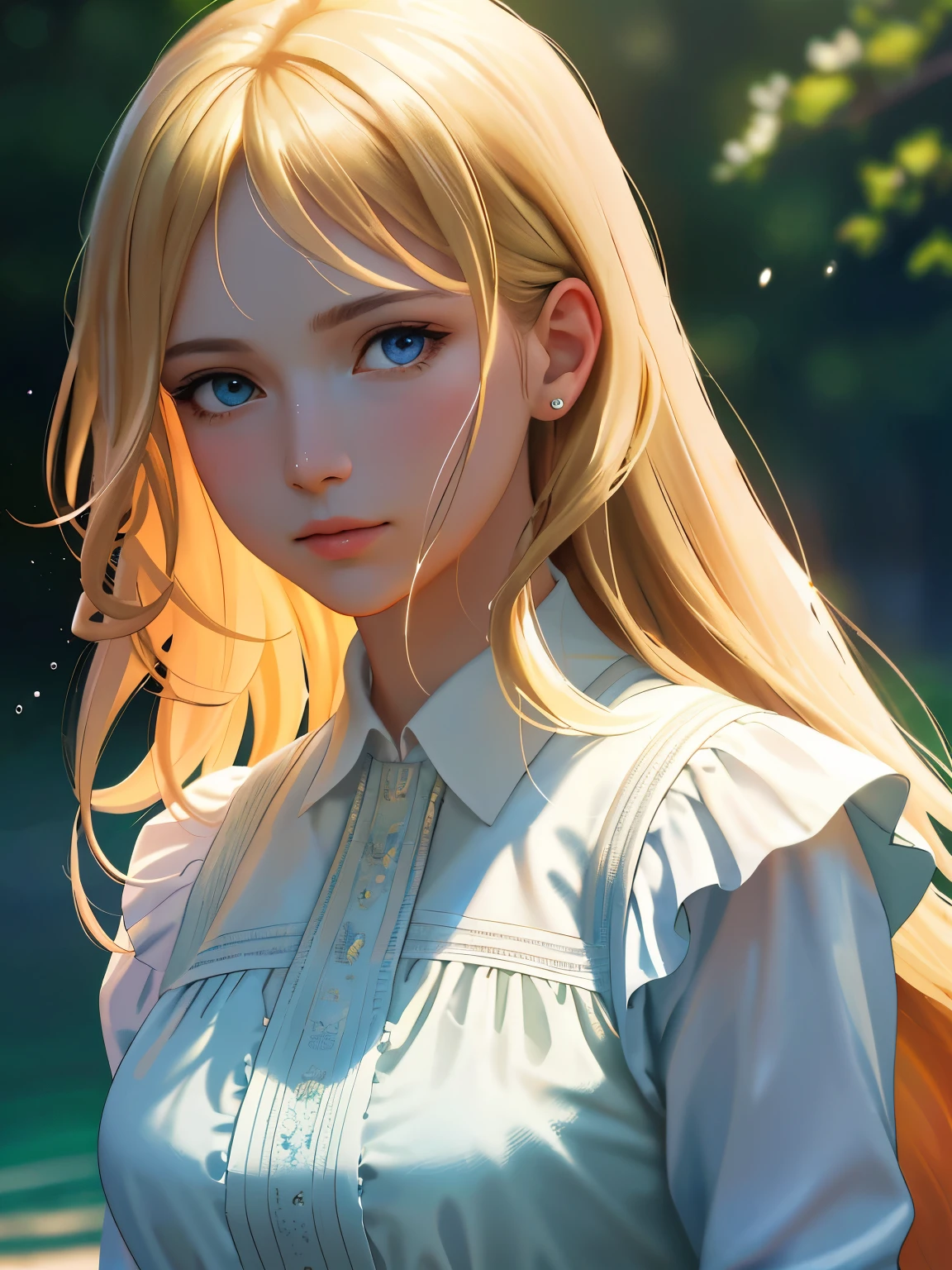 masterpiece, highest quality, ultra detail, illustration, beautiful detail, depth of field, dynamic angle, 8k wallpaper, portrait, best light and shadow quality, 4k, 8k, cg, fine detail, blurred background, upper body, contemporary, dress, blonde, long hair, beautiful eyes, beautiful splash