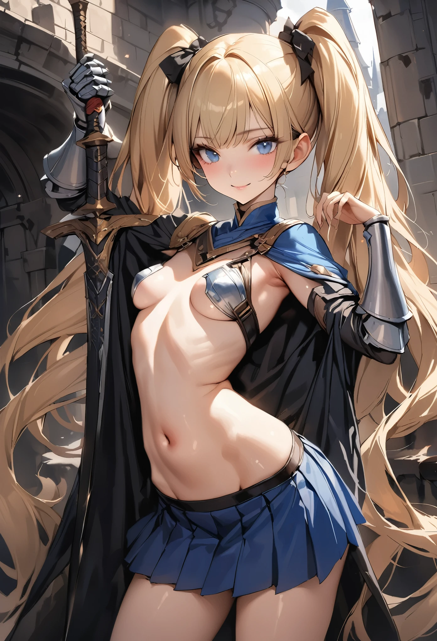((masterpiece,Highest quality:1.3,best quality illustration)),realistic,cowboy shot,1woman,female knight、(25 year old beauty),((very small head:1.4)),((ideal ratio body proportions:1.3)),blonde hair,twin tails,straight long hair,bangs,gorgeous eyes,Blue eyes,smile,(knight armor、Large sword、Blue pleated mini skirt),((slender body,skinny)),small breasts,gleaming skin,shiny skin,Medieval European Castles、Sword and sorcery fantasy world、