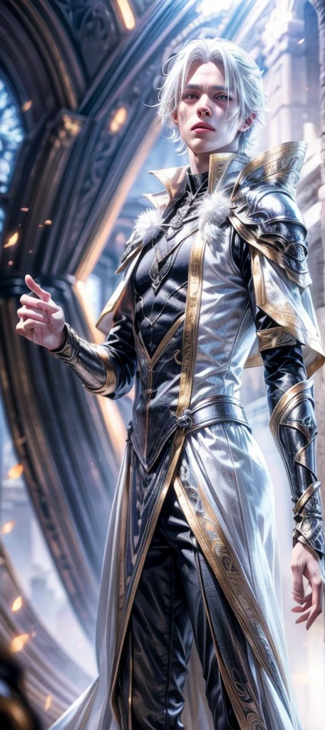Male, male mage, white hair, yellow pupils, hyper detailed eyes, very handsome face, costume colors are dominated by black and white, Sharp facial lines, Cinematic lighting, professional shooting, candid shooting, the magical power aura is golden white, stunning, RAW, 8k, 12k, Ultra detailed, high level of image clarity, ultra high definition, (Photorealistic:1.35, masterpiece:1.25, aura:1.25, CGI effect:1.0, fantasy:1.0, 8k wallpaper, 8k photo quality, realistic:1.35, 12k),