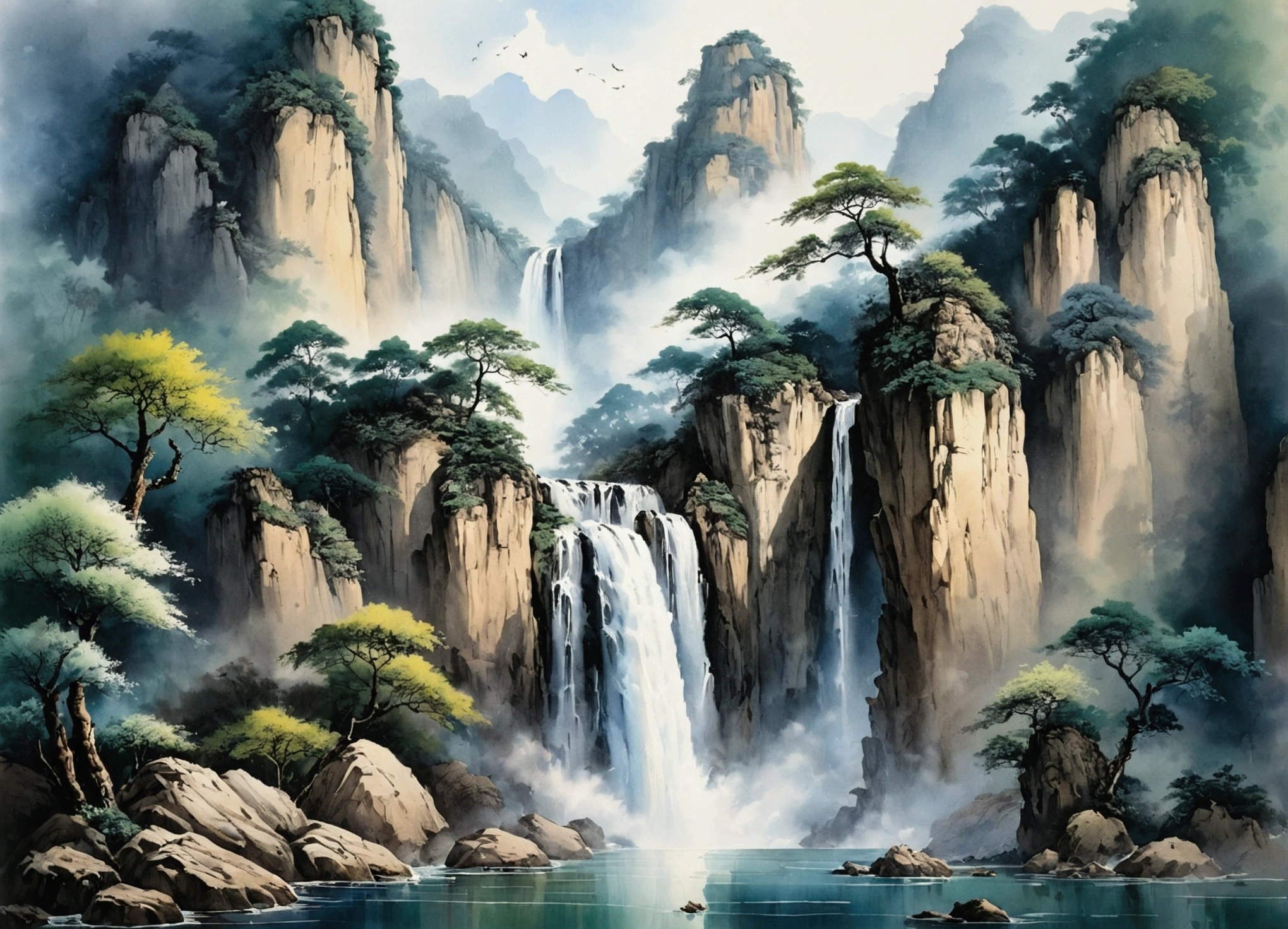 The famous Lushan Waterfall，Chinese landscape painting，Zhang Daqian style，Advanced color matching，ink and watercolor painting，water ink，ink，Soil，Vision，Ultra-wide viewing angle，meticulous，Low saturation，Low contrast，Beautifully depicted，Super detailed，Acura，masterpiece，masterpiece，32k resolution