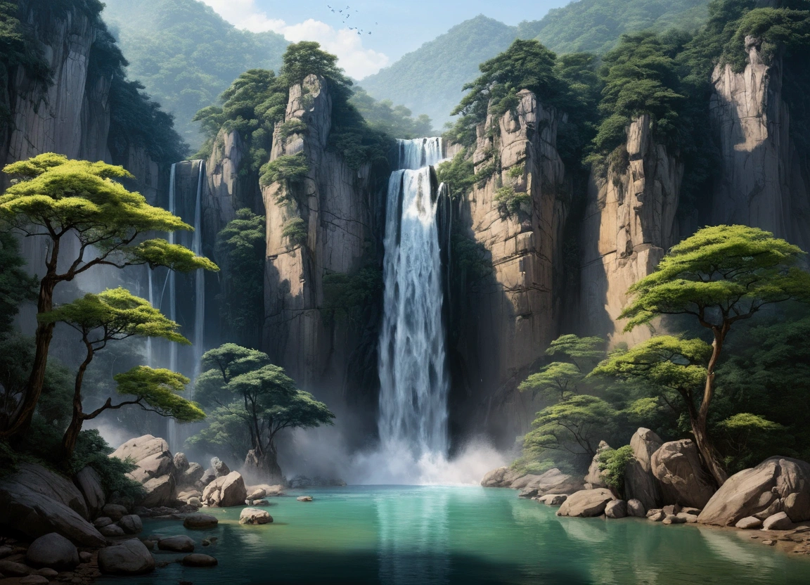 The famous Lushan Waterfall，Chinese landscape painting，Zhang Daqian style，Advanced color matching，ink and watercolor painting，water ink，ink，Soil，Vision，Ultra-wide viewing angle，meticulous，Low saturation，Low contrast，Beautifully depicted，Super detailed，Acura，masterpiece，masterpiece，32k resolution