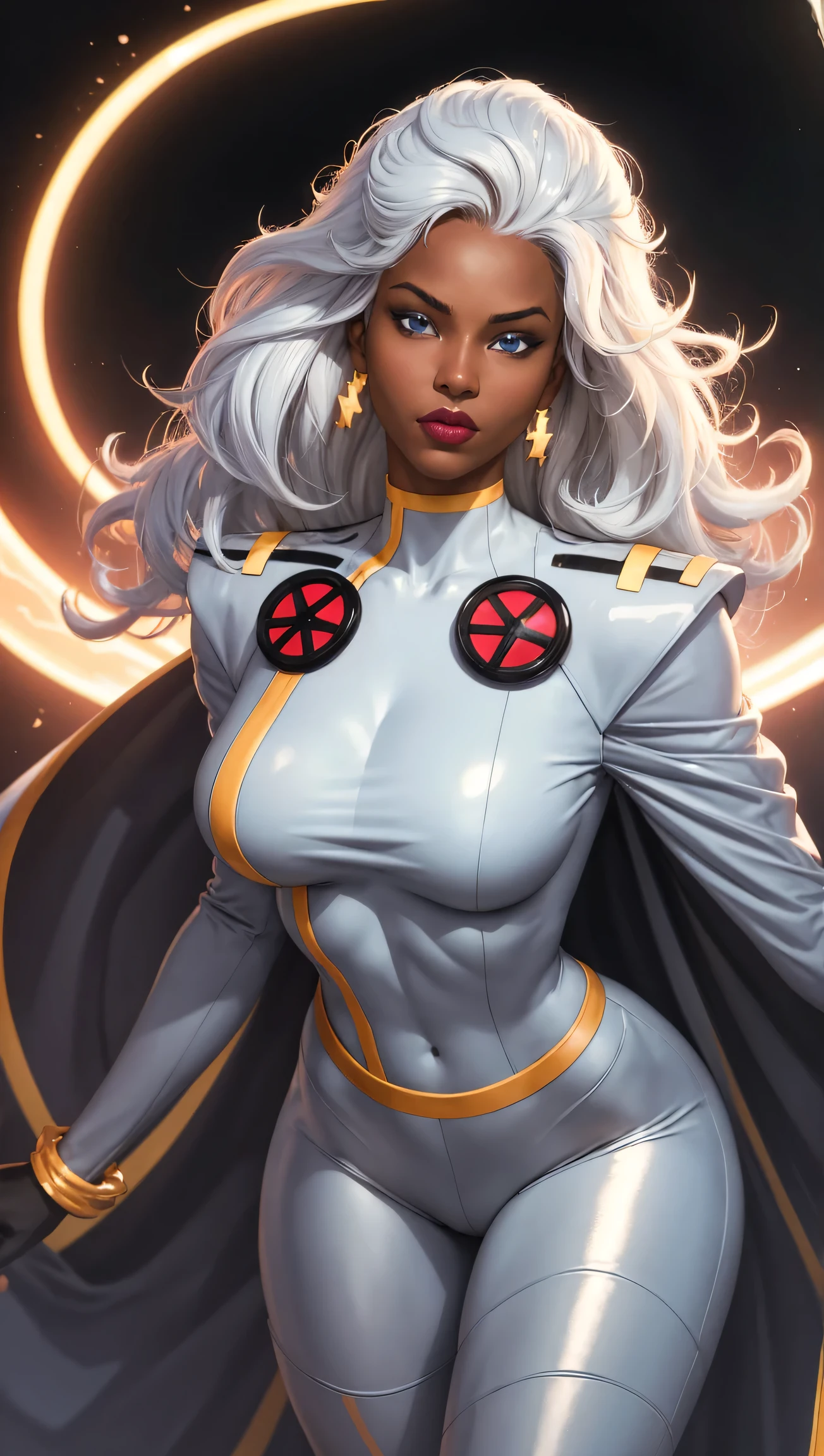 CARTOON_X_MENs_Storm,ownwaifu,
long hair,white hair,dark skin,dark-skinned female,breasts,lips,blue eyes,very dark skin,huge breasts,lipstick,floating hair,very long hair,makeup,big hair,curly hair,red lips,eyelashes,toned,
jewelry,earrings,cape,bracelet,bodysuit,gloves,superhero,choker,
 official art,extremely detailed CG unity 8k wallpaper, perfect lighting,Colorful, Bright_Front_face_Lighting,shiny skin, (masterpiece:1.0),(best_quality:1.0), ultra high res,4K,ultra-detailed, photography, 8K, HDR, highres, (absurdres:1.2), Kodak portra 400, film grain, blurry background, (bokeh:1.2), lens flare, (vibrant_color:1.2),professional photograph, (beautiful_face:1.5), wide hips, tall