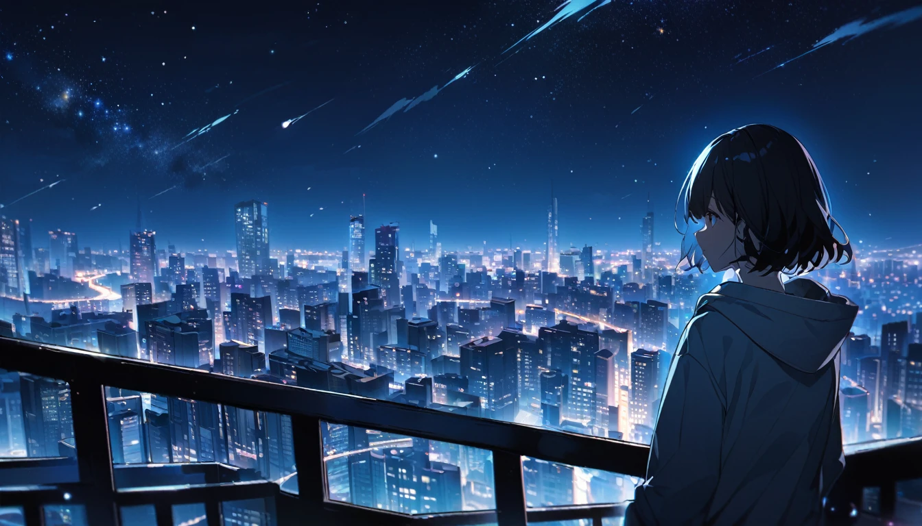 Starry Sky、Night view、City、One woman、Black Hair、Short Hair、Hair blowing in the wind、Wearing a hoodie、Back view、Full body portrait、Overlooking the city from the balcony