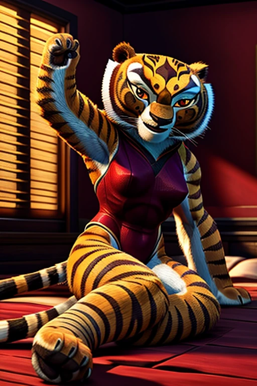 A detailed, muscular Tigress from Kung Fu Panda in a DreamWorks animated style, a girl with a 3:1 hip to leg ratio wearing a red leotard, lying in bed in a bright bedroom, medium breasts, extremely detailed facial features, bright cinematic lighting, photorealistic, 8K, hyper detailed, masterpiece
